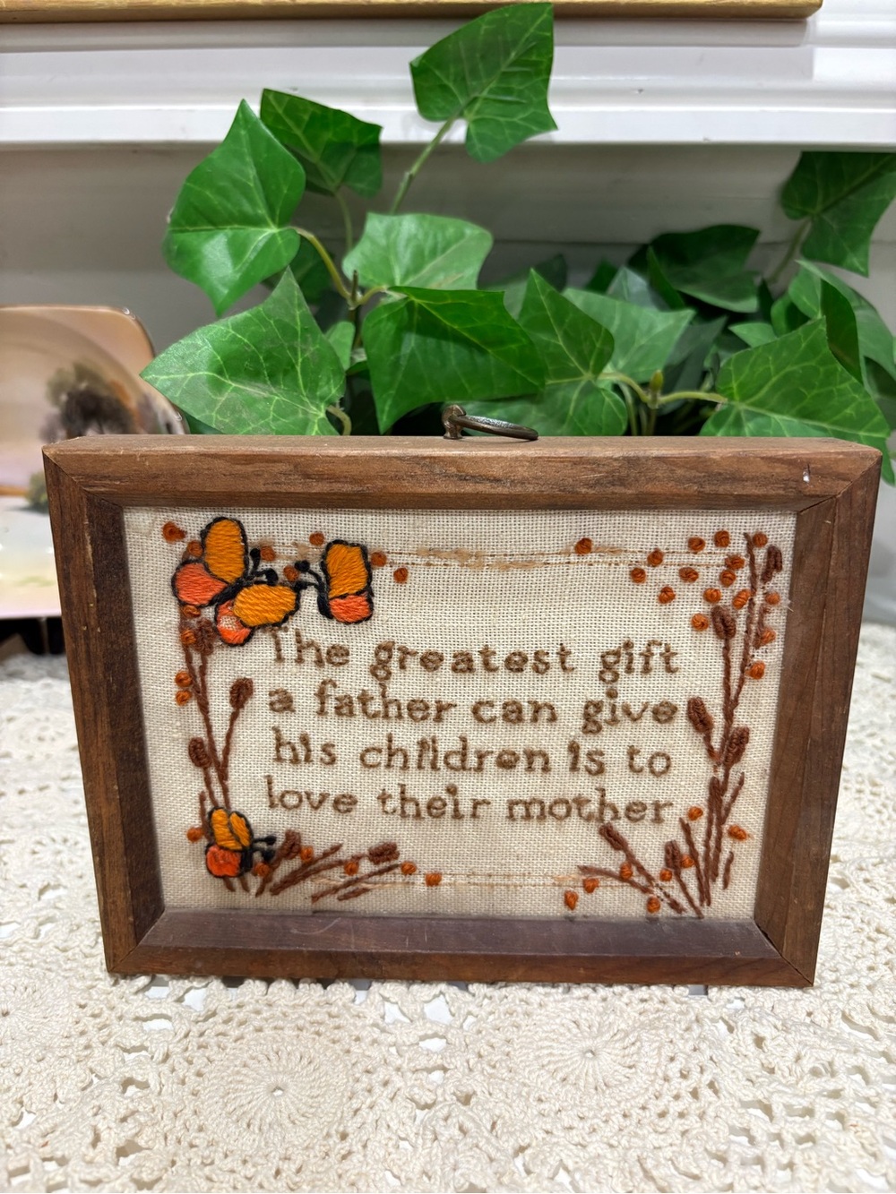 Crewel Embroidered Sentiment Wall Hanging with Butterflies - Orange Accents